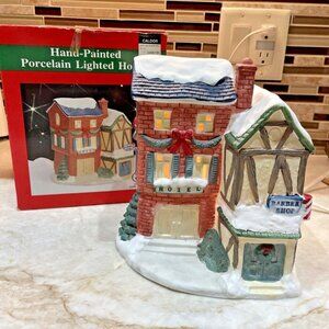 Vintage Hand-Painted Porcelain Lighted House Christmas Village Hotel Barber Shop